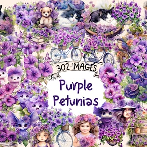 Purple Petunias Watercolor Clipart Bundle - 302 PNG Violet Petunia Images, Floral Blossom Graphics, Instant Digital Download, Commercial Use