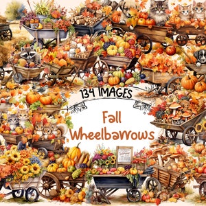 Fall Wheelbarrows Watercolor Clipart Bundle - 134 PNG Autumn Cart Images, Sunflower Pumpkin Graphics,Instant Digital Download,Commercial Use