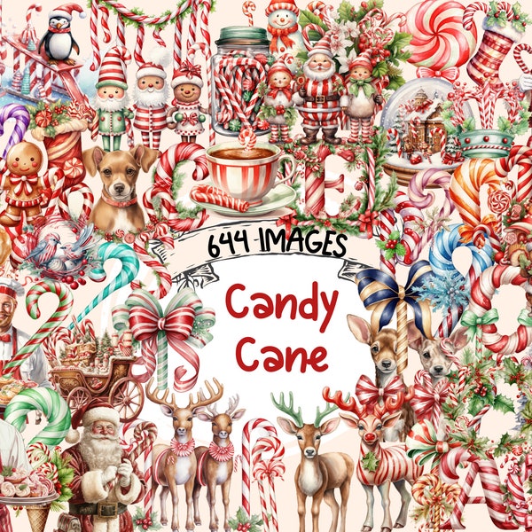 Candy Cane Aquarelle Clipart Bundle - 644 PNG X-mas Holiday Images, Festive Sweet Treats Graphics, Téléchargement numérique instantané, Utilisation commerciale