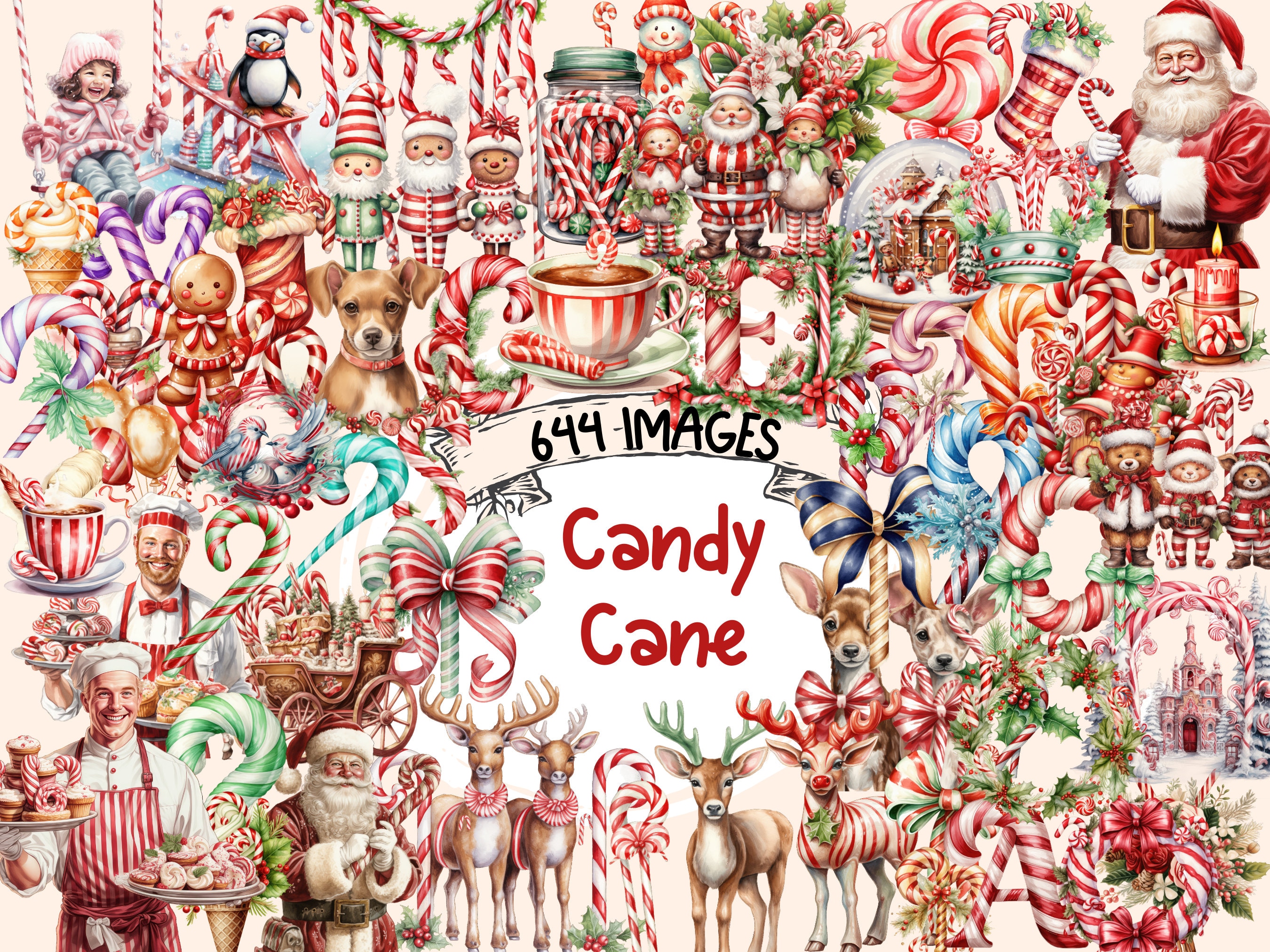 Candy Cane Watercolor Clipart Bundle: 644 Holiday PNG Images (Digital Download)