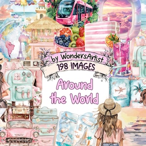 Around the World Watercolor Clipart Bundle - 198 PNG Girly Travel Accessories Elements Graphics, Instant Digital Download, Commercial Use