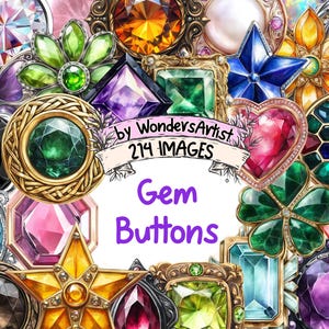 Gem Buttons Watercolor Clipart Bundle - 214 PNG Sparkling Jewel Button Images, Decorative Graphics, Instant Digital Download, Commercial Use