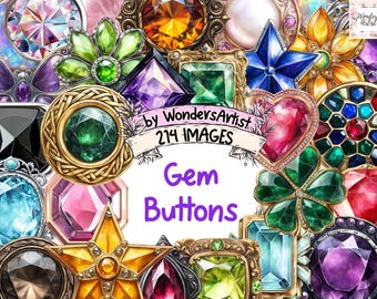 Puede incluir: Una colección de 214 botones de gemas coloridas en varias formas y tamaños. Los botones están hechos de vidrio y tienen un acabado brillante e iridiscente. Los botones están dispuestos en un patrón aleatorio y están rodeados de un fondo blanco. El texto "Gem Buttons" está escrito en letras moradas sobre el fondo blanco.
