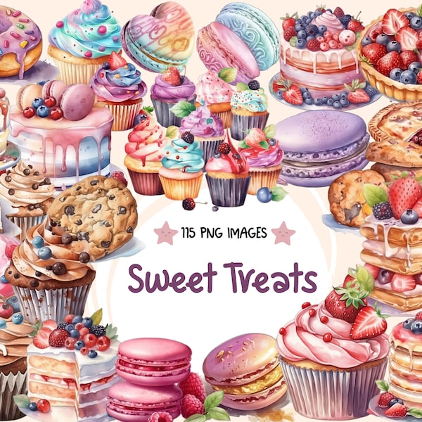Sweet Treats Aquarelle Clipart Bundle - Desserts savoureux, Beignets, Biscuits, Cupcakes, Macarons, PNG, Téléchargement numérique instantané, Utilisation commerciale