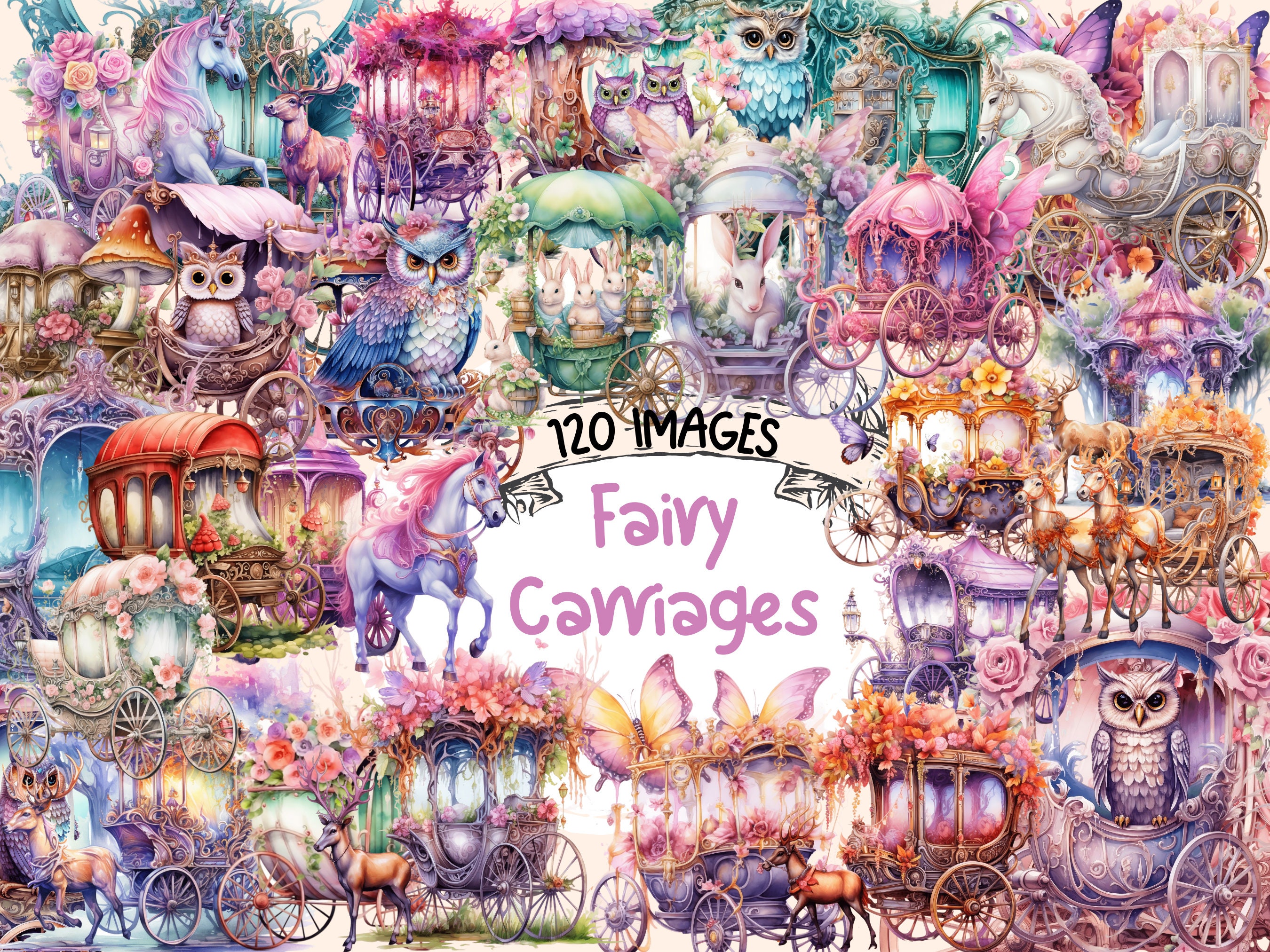 Watercolor Fairy Carriage Clipart Bundle: 120 Fantasy PNG Images (Digital Download)