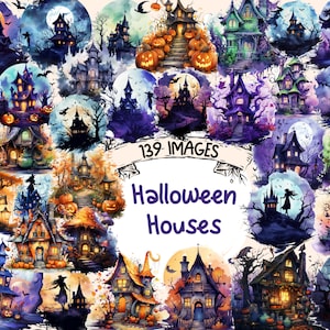 Halloween Houses Watercolor Clipart Bundle - 139 PNG Spooky House Images, Haunted Home Graphics, Instant Digital Download, Commercial Use