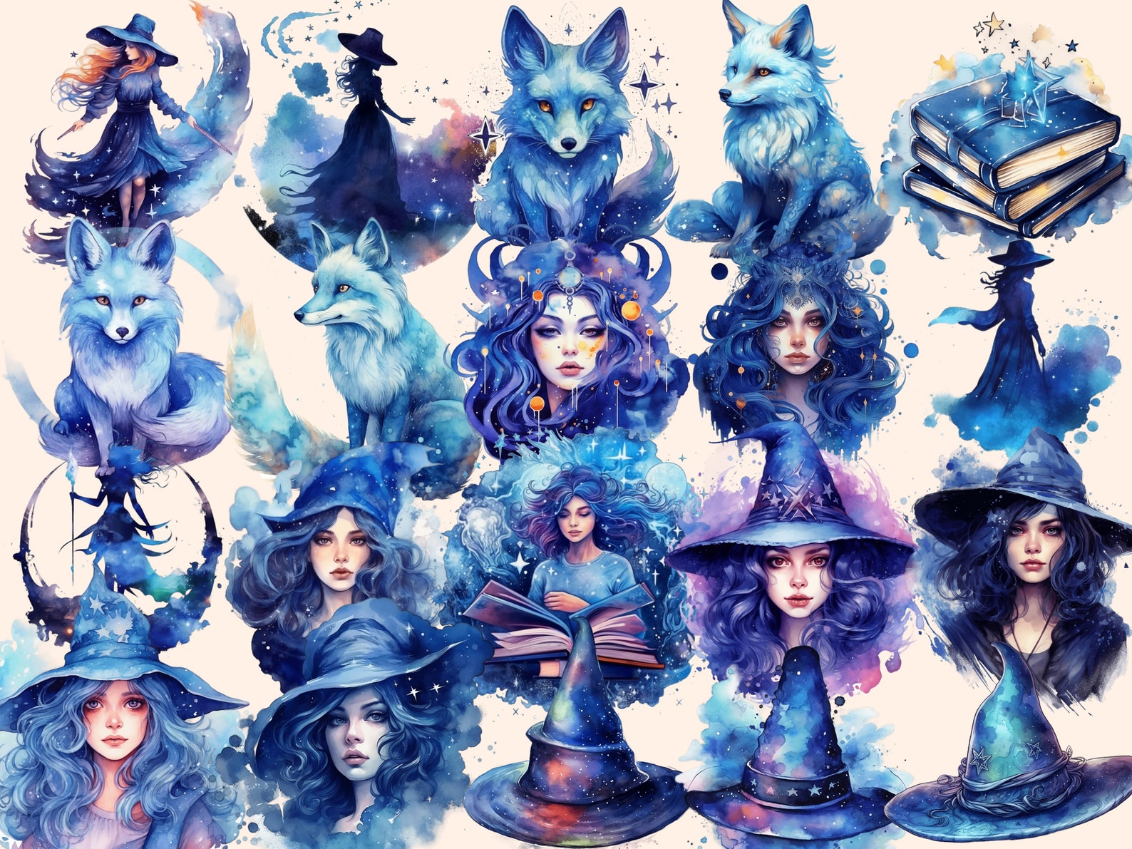 Celestial Witches Watercolor Clipart Bundle: 145 Fantasy PNG Images ...