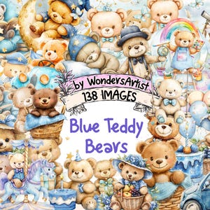 Blue Teddy Bears Watercolor Clipart Bundle - 138 PNG Teddy Bear Images, Cute Adorable Toy Illustrations, Instant Download, Commercial Use