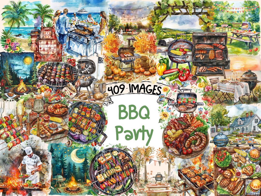 BBQ Party Watercolor Clipart Bundle: 409 PNG Images (digital Download ...