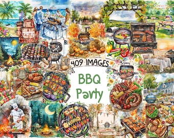 BBQ Party Watercolor Clipart Bundle: 409 PNG Images (Digital Download)