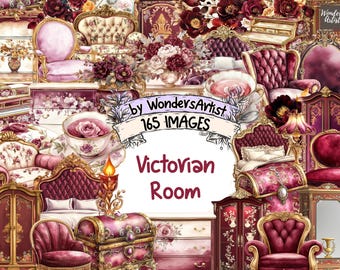 Victorian Room Watercolor Clipart: Elegant Interior Graphics (Digital Download, Commercial Use PNGs)
