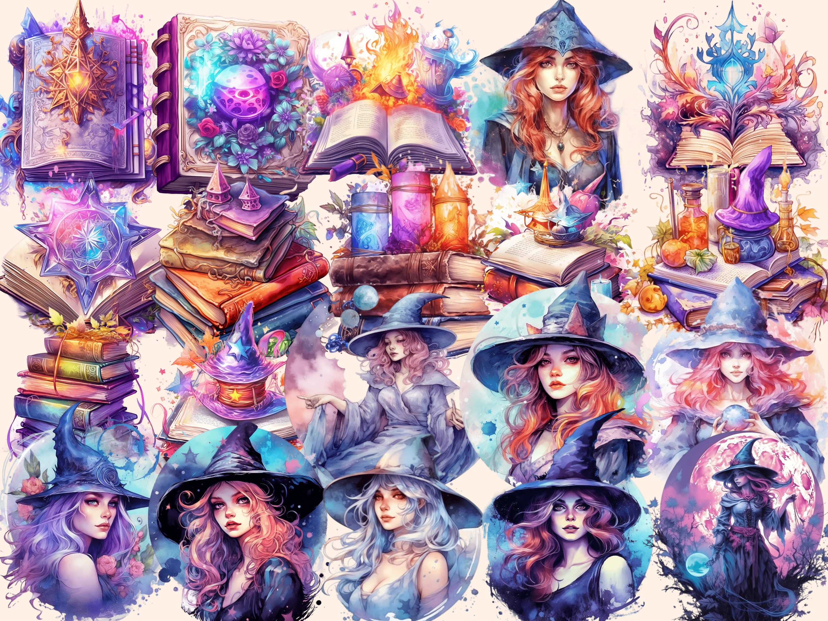 Watercolor Witches Clipart Bundle: 169 Fantasy Witch Images (PNG ...