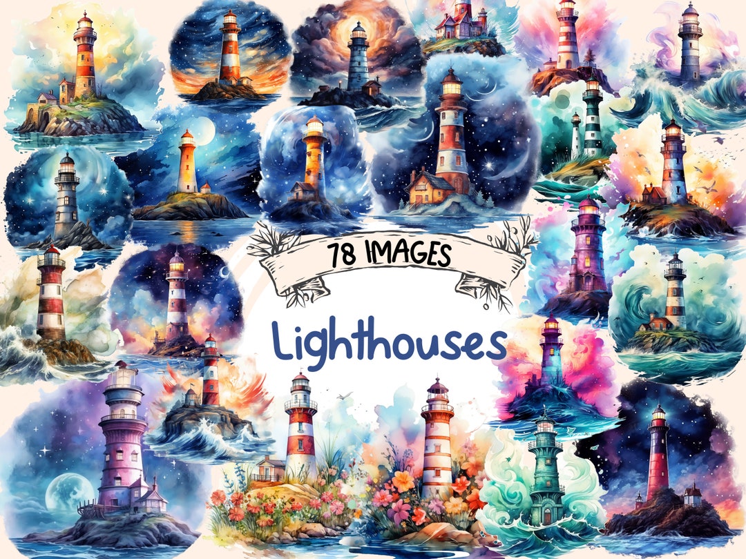Lighthouses Watercolor Clipart Bundle: 78 Seaside PNG Images (digital ...