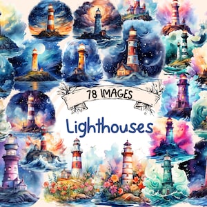 Lighthouses Watercolor Clipart Bundle - 78 PNG Seaside Images, Coastal Beacons Graphics, Instant Digital Download Printables, Commercial Use