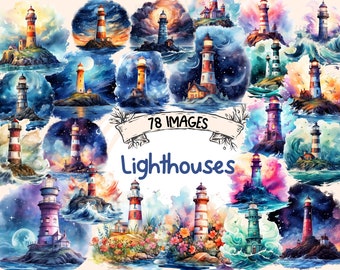 Lighthouses Watercolor Clipart Bundle: 78 Seaside PNG Images (Digital Download)