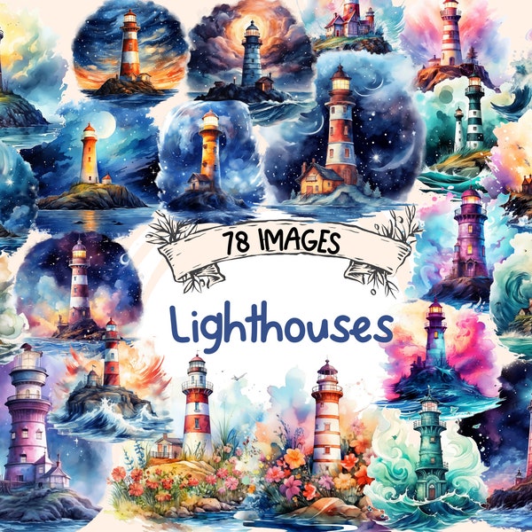 Lighthouses Watercolor Clipart Bundle - 78 PNG Seaside Images, Coastal Beacons Graphics, Instant Digital Download Printables, Commercial Use