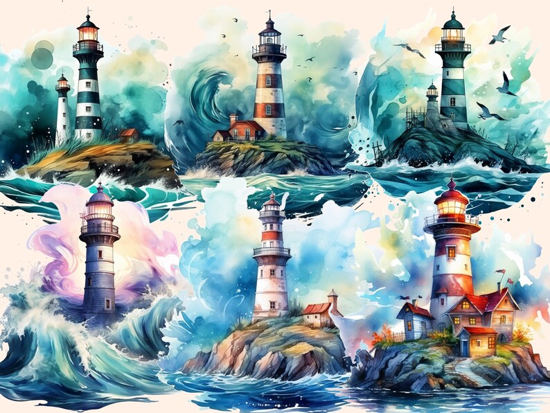 Lighthouses Watercolor Clipart Bundle: 78 Seaside PNG Images (digital ...