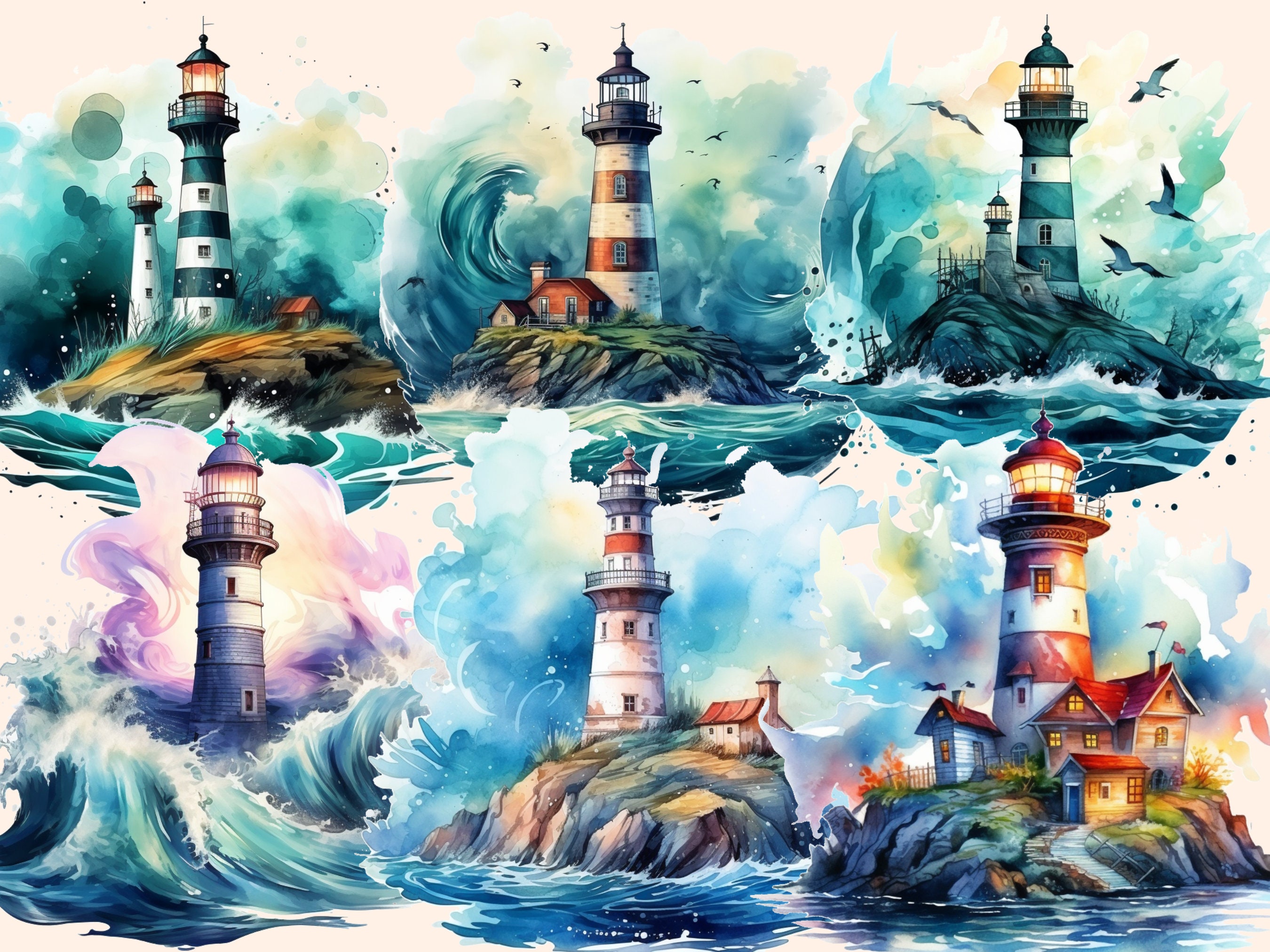 Lighthouses Watercolor Clipart Bundle: 78 Seaside PNG Images (digital ...