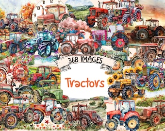 Tractors Watercolor Clipart Bundle - 368 PNG Farm Tractor Images, Agricultural Machinery Graphics, Instant Digital Download, Commercial Use