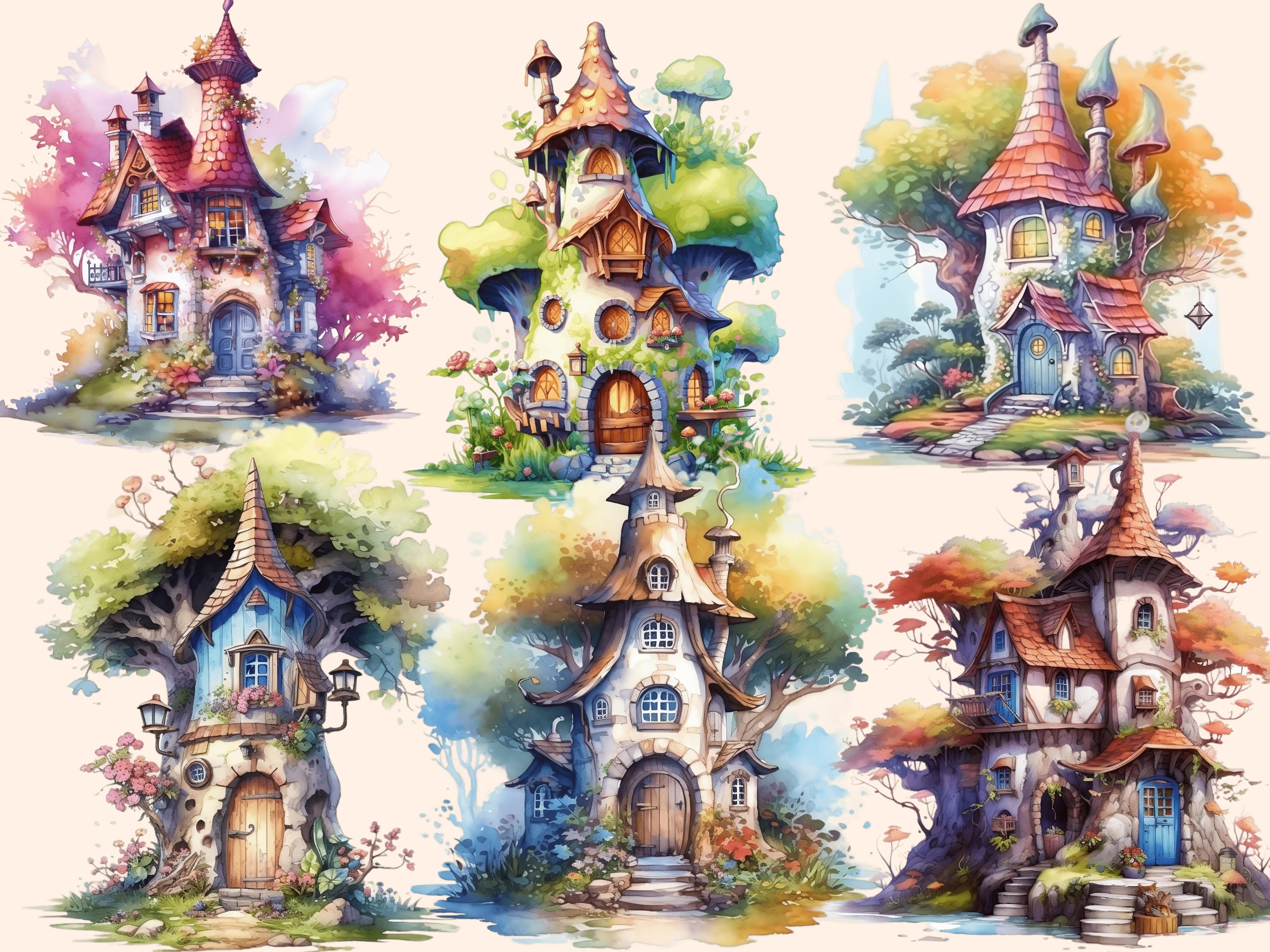 Watercolor Fairy Houses Clipart Bundle: 63 Fantasy Illustrations (PNG ...