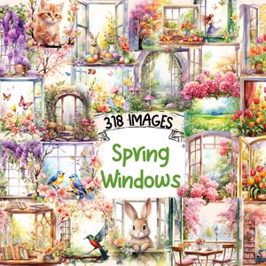 Spring Windows Watercolor Clipart Bundle - 318 PNG Springtime Window Images, Seasonal Decor Graphics,Instant Digital Download,Commercial Use