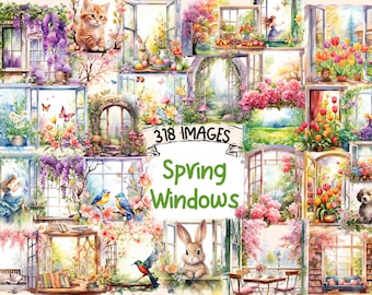 Spring Windows Watercolor Clipart Bundle - 318 PNG Springtime Window Images, Seasonal Decor Graphics,Instant Digital Download,Commercial Use