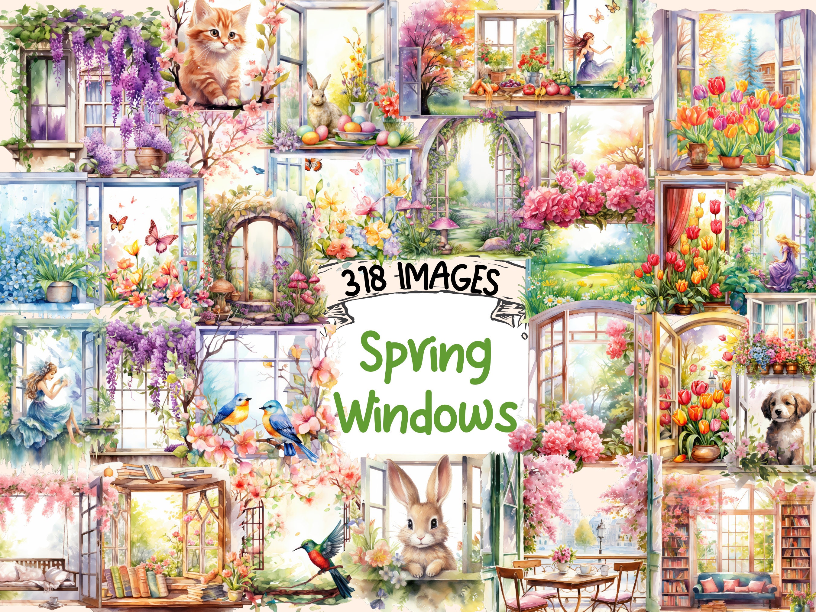 Spring Window R Spring Windows Watercolor Clipart Bundle: 318 PNG Images (digital ...