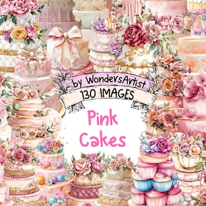 Pink Cakes Watercolor Clipart Bundle - 130 PNG Cake Images, Sweet Dessert Illustrations, Elegant Bakery Art, Instant Download,Commercial Use