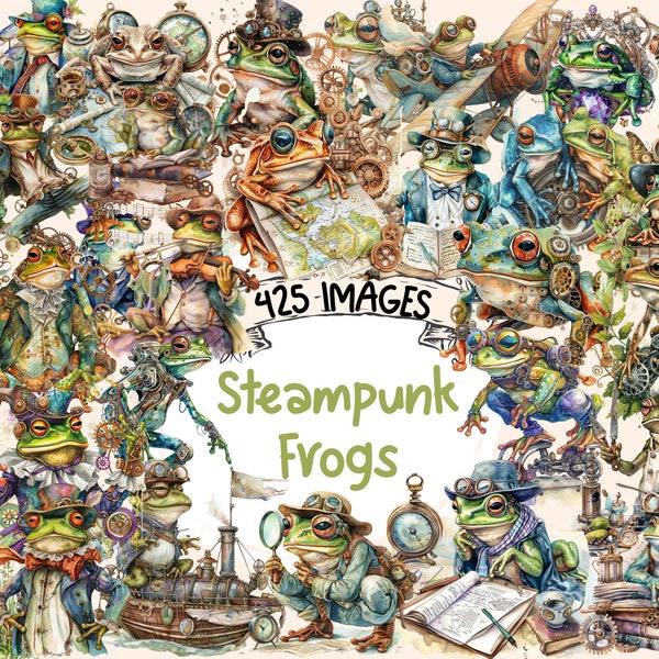 Steampunk Frogs Watercolor Clipart Bundle - 425 PNG Mechanical Frog Images, Victorian Graphics, Instant Digital Download, Commercial Use