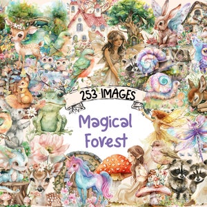 Magical Forests Watercolor Clipart Bundle - 253 PNG Enchanted Woodland Images, Mystical Graphics, Instant Digital Download, Commercial Use