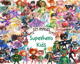 Watercolor Superhero Kids Clipart Bundle: 324 PNG Images (Digital Download)