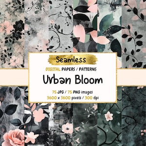 Peut inclure: Un pack de papiers numériques avec 75 motifs sans couture présentant des motifs floraux noirs et roses sur un fond gris. Le texte "Seamless Digital Papers/Patterns Urban Bloom 75 JPG/75 PNG images 3600 x 3600 pixels/300 dpi" est affiché sur une bannière dorée.