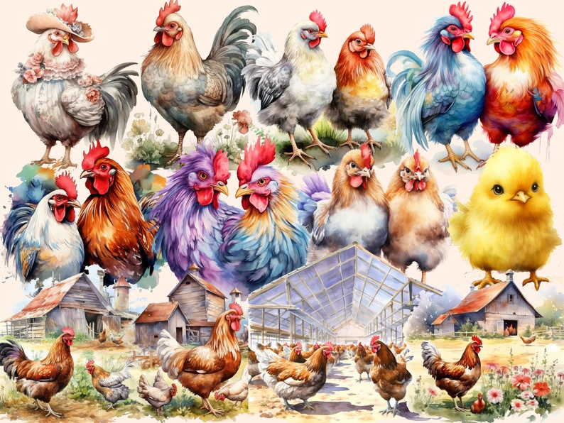 Watercolor Chicken Clipart Bundle: Farm Animal PNG Graphics (digital ...