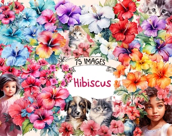 Hibiscus Flower Watercolor Clipart Bundle: 75 PNG Graphics (Digital Download)