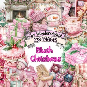 Blush Christmas Watercolor Clipart Bundles - 238 PNG Soft Pink Holiday Images, Festive Graphics, Instant Digital Download, Commercial Use