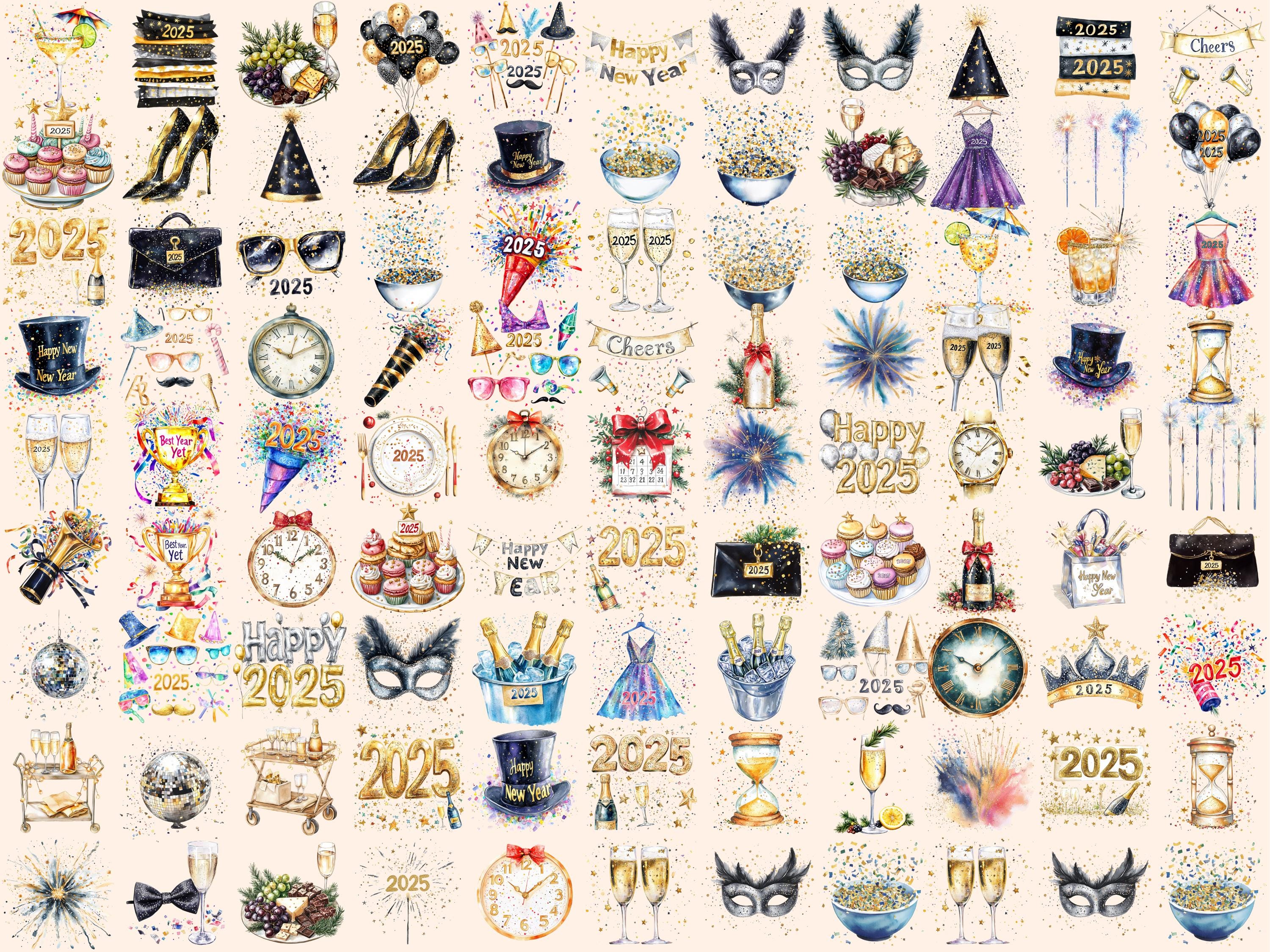 Watercolor New Year's Eve Clipart Bundle: 175 Celebration PNG Images ...