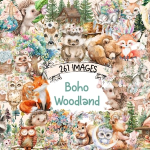 Boho Woodland Watercolor Clipart Bundle - 261 PNG Bohemian Forest Images, Rustic Nature Graphics, Instant Digital Download, Commercial Use