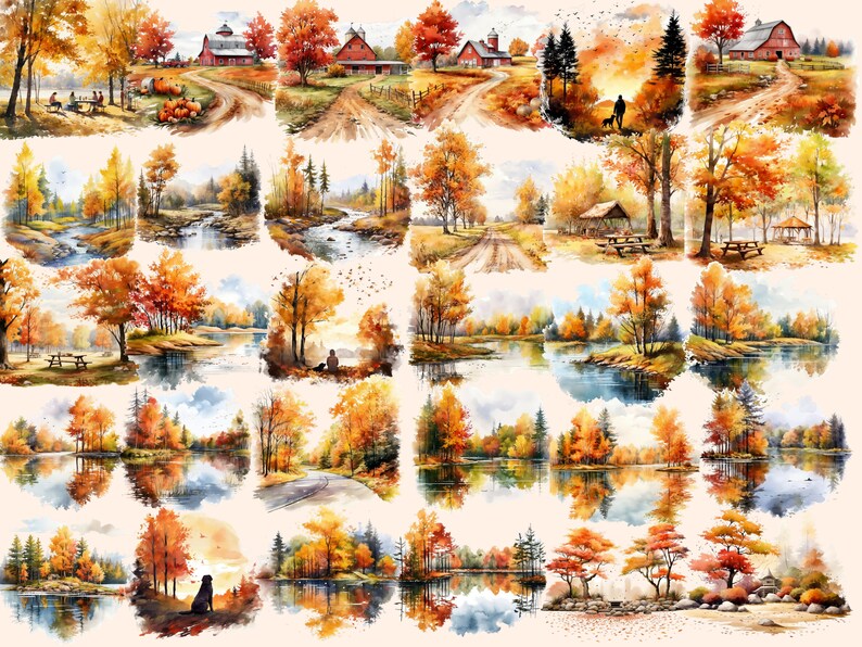 Autumn landscape with golden-hued trees and serene lake clipart.
Country road surrounded by colorful fall foliage.
Vibrant autumn leaves against a clear blue sky.
Cozy cabin nestled in an autumn forest.
Rustic wooden bridge over a tranquil stream.