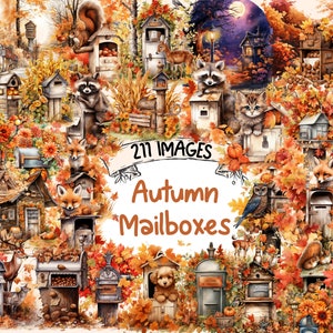 Autumn Mailboxes Watercolor Clipart Bundle - 211 PNG Fall Mailbox Images, Floral Postbox Graphics, Instant Digital Download, Commercial Use
