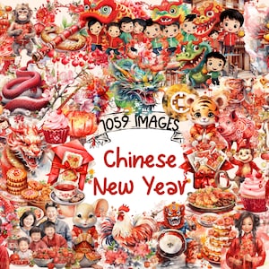 Chinese New Year Watercolor Clipart Bundle - 1059 PNG Festive Celebration Images, Holiday Graphics, Instant Digital Download, Commercial Use