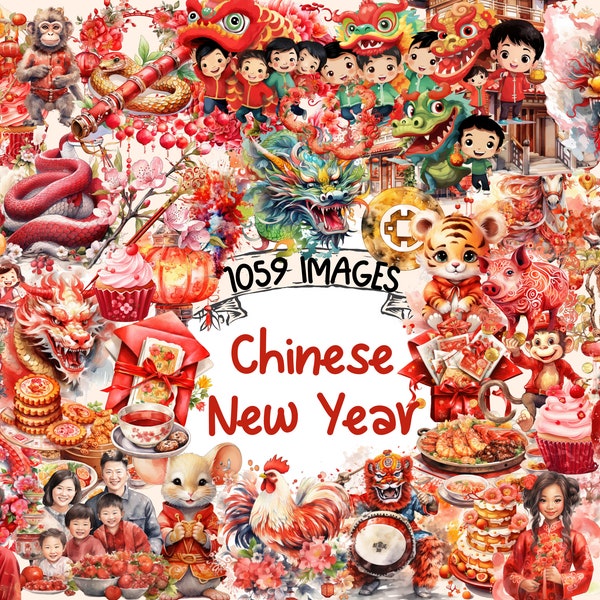 Chinees Nieuwjaar aquarel clipart bundel - 1059 PNG feestelijke viering beelden, vakantie graphics, instant digitale download, commercieel gebruik