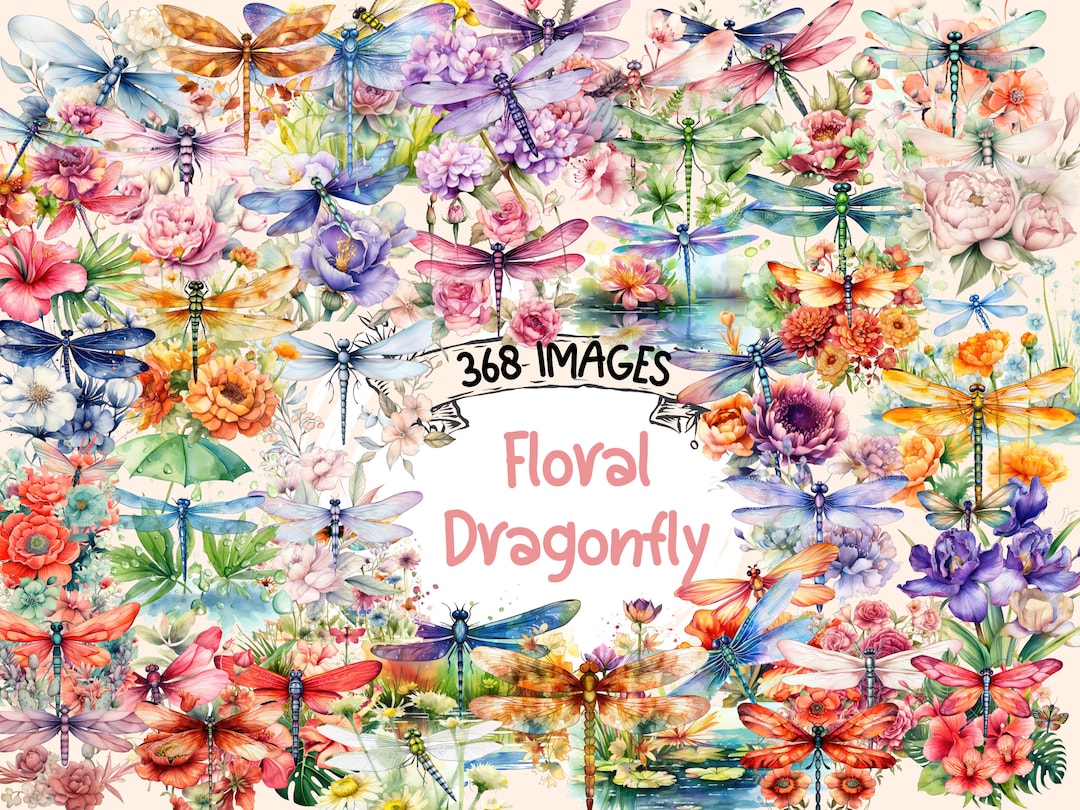 Floral Dragonfly Watercolor Clipart Bundle: 368 PNG Graphics (digital ...