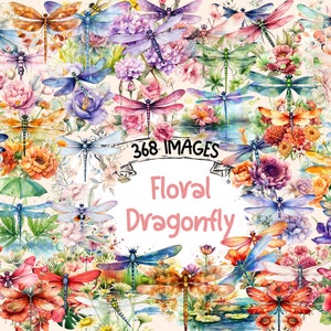 Floral Dragonfly Watercolor Clipart Bundle - 368 PNG Flower Dragonflies Images, Botanical Graphics, Instant Digital Download, Commercial Use