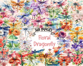 Floral Dragonfly Watercolor Clipart Bundle: 368 PNG Graphics (Digital Download)