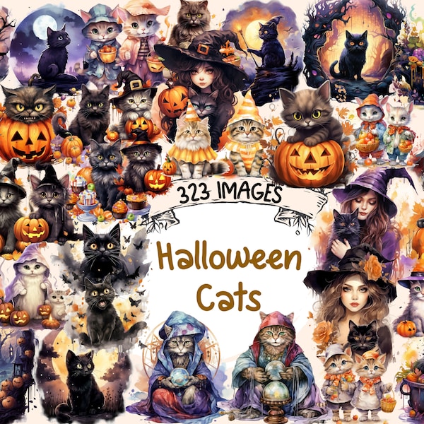 Halloween Cats Watercolor Clipart Bundle - 323 PNG Spooky Cat Images, Bewitching Kitten Graphics, Instant Digital Download, Commercial Use