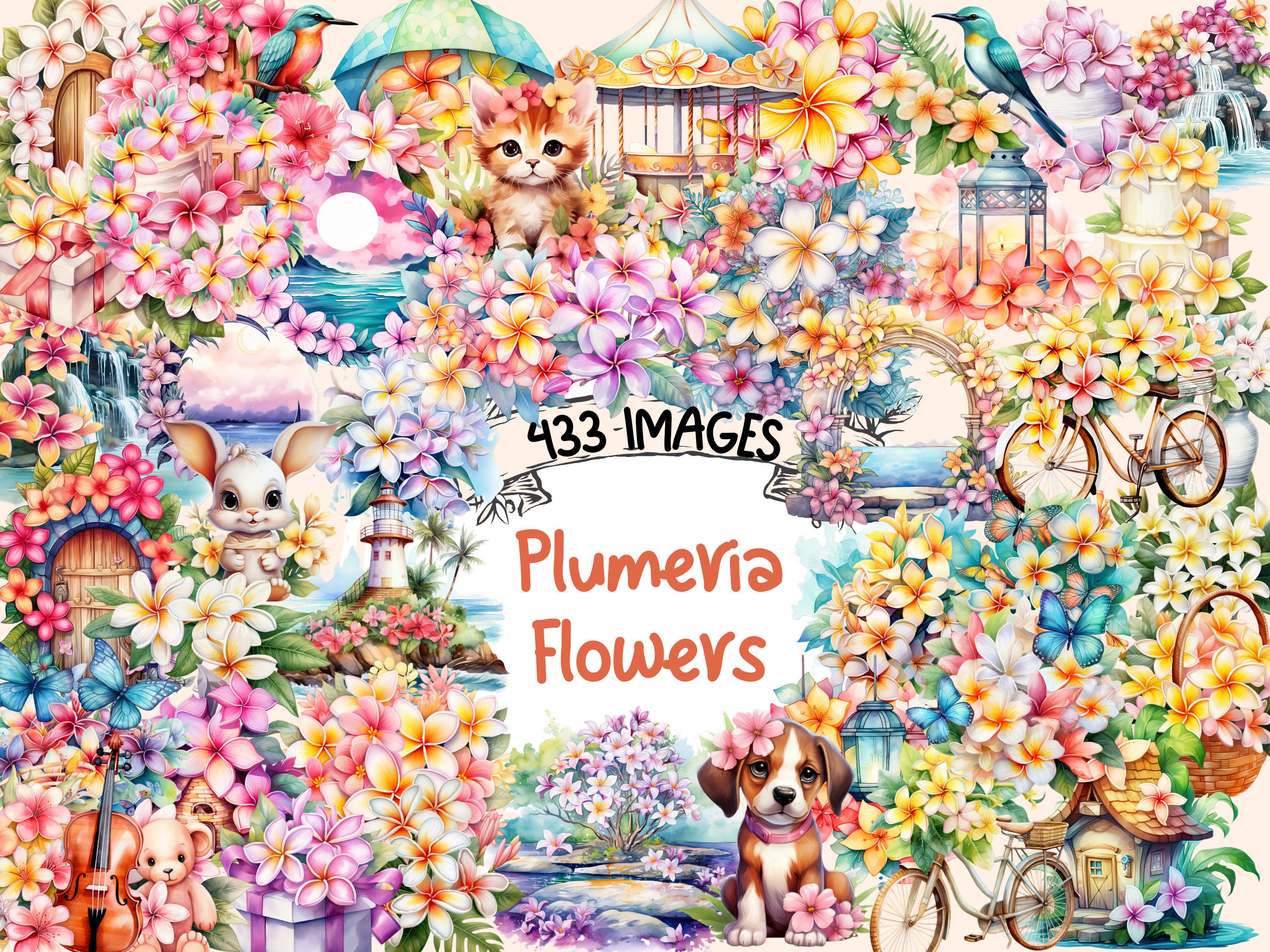 Plumeria Flowers Watercolor Clipart Bundle: 433 PNG Tropical Graphics ...