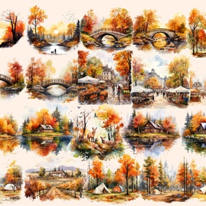 Autumn landscape with golden-hued trees and serene lake clipart.
Country road surrounded by colorful fall foliage.
Vibrant autumn leaves against a clear blue sky.
Cozy cabin nestled in an autumn forest.
Rustic wooden bridge over a tranquil stream.