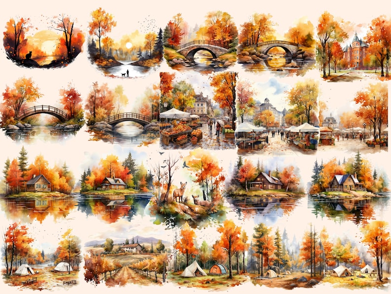 Autumn landscape with golden-hued trees and serene lake clipart.
Country road surrounded by colorful fall foliage.
Vibrant autumn leaves against a clear blue sky.
Cozy cabin nestled in an autumn forest.
Rustic wooden bridge over a tranquil stream.