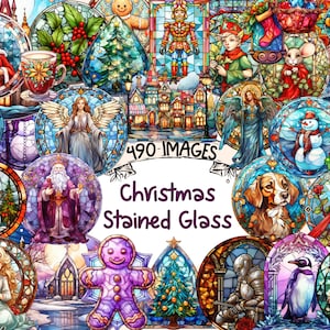 Christmas Stained Glass Clipart: 490 Festive Watercolor PNG Images (Digital Download)