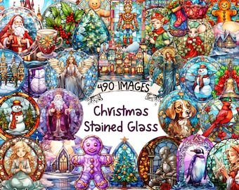 Christmas Stained Glass Clipart: 490 Festive Watercolor PNG Images (Digital Download)